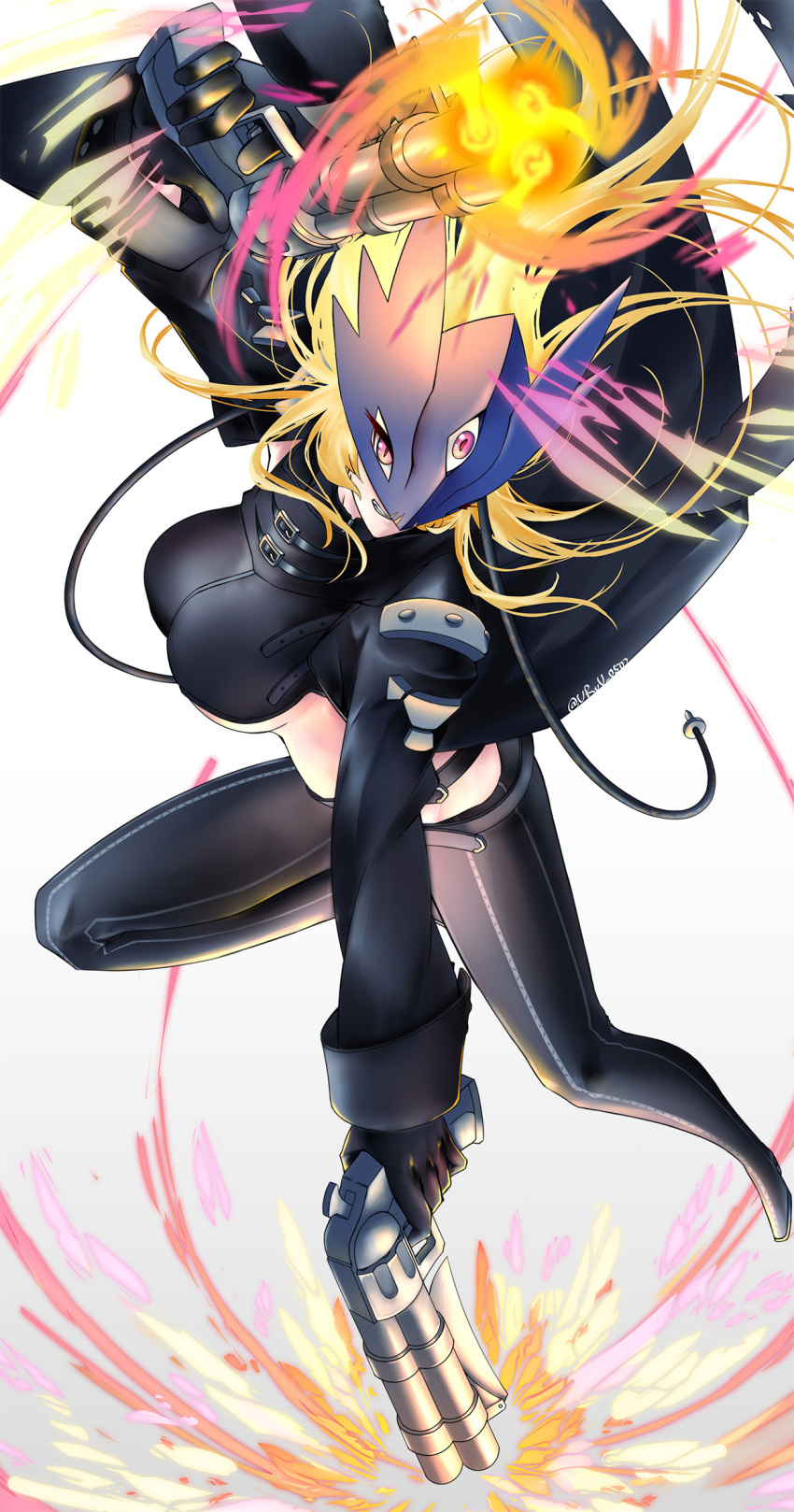 1girl beelstarmon black_coat black_gloves black_pants black_shirt blonde_hair breasts coat cropped_shirt digimon digimon_(creature) dual_wielding firing gloves gun highres holding holding_gun holding_weapon jiyuuya large_breasts long_hair multiple_barrel_gun open_clothes open_coat pants parted_lips purple_eyes shirt simple_background solo teeth third_eye twitter_username underboob weapon white_background