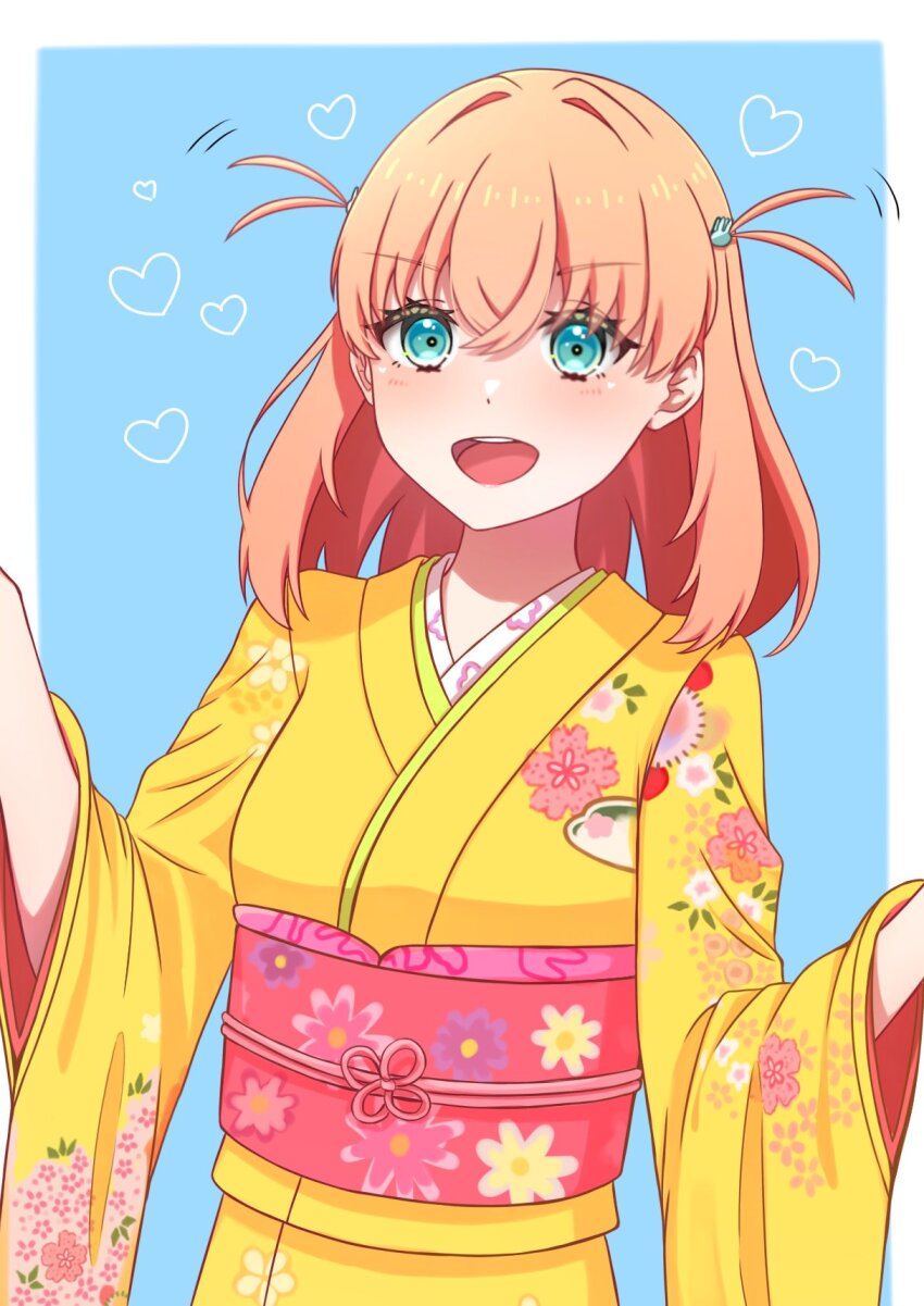 1girl :d aqua_eyes blue_background blush crossed_bangs expressive_hair floral_print floral_print_kimono hair_ornament hands_up heart highres hinoshita_kaho japanese_clothes kimono link!_like!_love_live! long_sleeves love_live! mano_409 medium_hair obi obiage obijime open_mouth orange_hair pink_sash print_kimono rabbit_hair_ornament sash simple_background smile solo teeth two_side_up upper_body upper_teeth_only v-shaped_eyebrows virtual_youtuber yellow_kimono