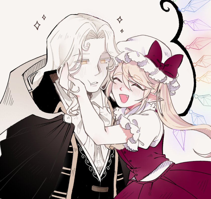 1boy 1girl alucard_(castlevania) ascot black_coat black_jacket blonde_hair bow cape castlevania:_symphony_of_the_night castlevania_(series) closed_eyes coat crystal dreamysuite flandre_scarlet hand_on_another&#039;s_cheek hand_on_another&#039;s_face hat hat_ribbon highres jacket long_hair looking_at_another mob_cap open_mouth pale_skin pointy_ears puffy_short_sleeves puffy_sleeves ribbon shirt short_sleeves side_ponytail simple_background skirt solo sparkle touhou upper_body white_ascot white_background white_hair wings yellow_eyes