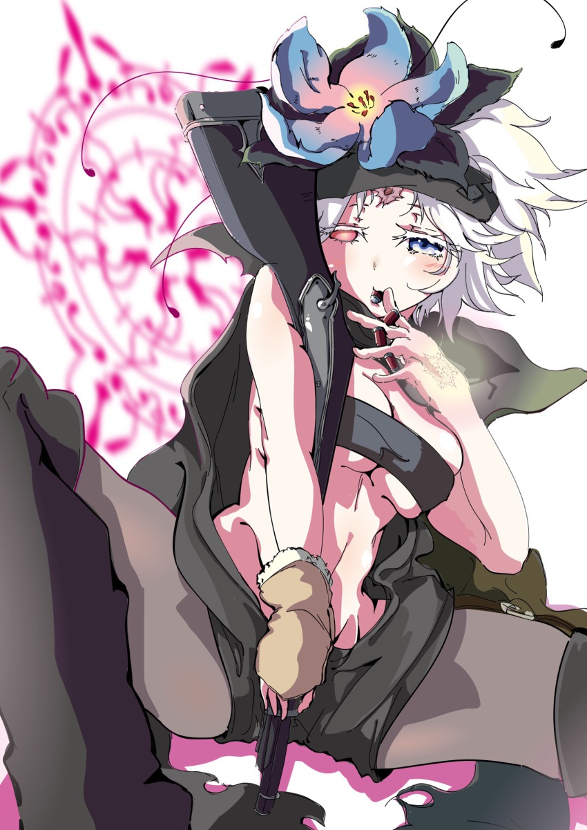 10s 1girl bandana blue_eyes blush boots bra breasts bullet cape cleavage flamie_speeddraw flower gloves gun heterochromia highres midriff pantyhose pink_eyes rokka_no_yuusha short_hair shorts underwear weapon white_hair