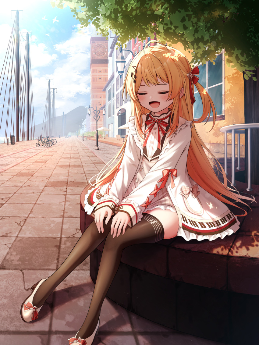 1girl absurdres ahoge bicycle bird black_thighhighs blonde_hair blue_sky brick_road brown_dress brown_sailor_collar building chair clock clock_tower closed_eyes cloud cloudy_sky day desk dress fence fortissimo frilled_jacket frilled_sailor_collar frills from_side hair_ornament high_heels highres hill hololive hololive_dev_is house jacket lamppost long_hair musical_note musical_note_hair_ornament ocean one_side_up open_mouth otonose_kanade otonose_kanade_(1st_costume) outdoors patio_umbrella pavement piano_print plaid_clothes plaid_dress pole red_ribbon ribbon road sailor_collar scenery shishou_(doragyurosu) sidewalk sitting sky socks solo street sun terrace thighhighs thighs tower town trash_can tree virtual_youtuber white_jacket window