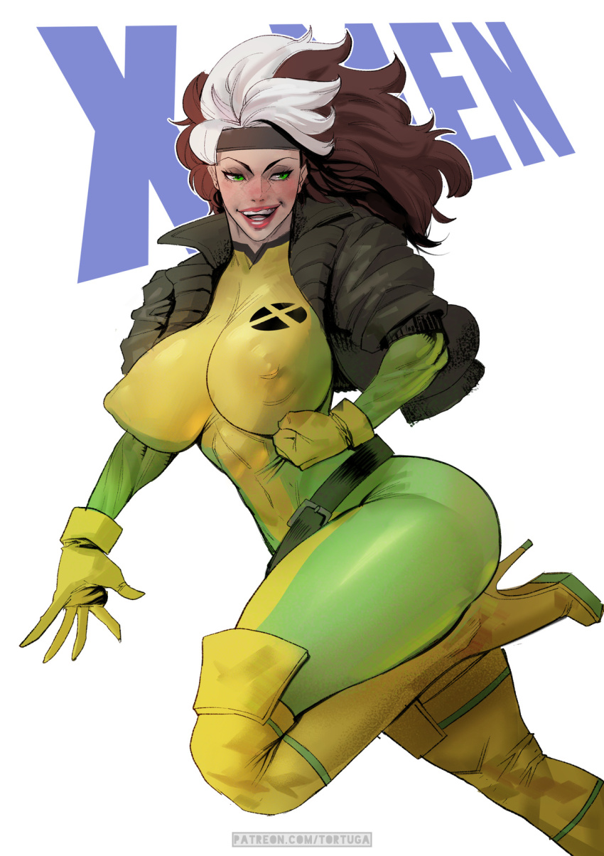 1girl artist_name bodysuit boots breasts brown_hair brown_headband brown_jacket clenched_hand copyright_name covered_erect_nipples cropped_jacket gloves green_bodysuit green_eyes headband high_heel_boots high_heels highres huge_breasts jacket long_hair marvel multicolored_hair open_clothes open_jacket patreon_username rogue_(x-men) shirt simple_background solo thigh_boots tortuga two-tone_bodysuit two-tone_hair watermark web_address white_background white_shirt x-men x-men:_the_animated_series yellow_bodysuit yellow_boots yellow_gloves