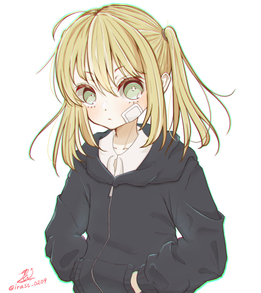 1girl :&lt; ahoge bandage_on_face bandages black_hoodie blonde_hair chromatic_aberration closed_mouth commentary green_eyes hair_between_eyes hands_in_pockets head_tilt highres hood hoodie joshikousei_no_mudazukai looking_at_viewer signature simple_background twintails twitter_username upper_body v-shaped_eyebrows white_background yamamoto_minami yuu_(irast0209)