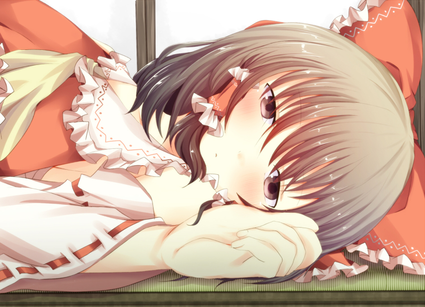 1girl bad_id bad_pixiv_id blush bow brown_eyes brown_hair close-up detached_sleeves dress female_focus hair_bow hair_tubes hakurei_reimu japanese_clothes lying miko on_back pasutel red_dress solo touhou waking_up