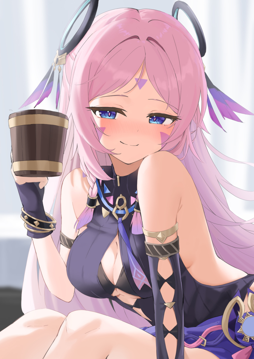 1girl alcohol bare_shoulders beer_mug black_bra blue_eyes blush bra braid breast_cutout breasts citlali_(genshin_impact) cleavage closed_mouth commentary cup drunk facial_mark feathers floating_hair_ornament forehead_mark genshin_impact glove_cutout gloves green_tea_(greente43670136) hair_ornament highres holding holding_cup jewelry leotard long_hair looking_at_viewer medium_breasts mug multicolored_hair pink_hair pink_pupils purple_feathers purple_hair ring_hair_ornament sleeveless_leotard smile solo triangle triangle_facial_mark twin_braids underwear