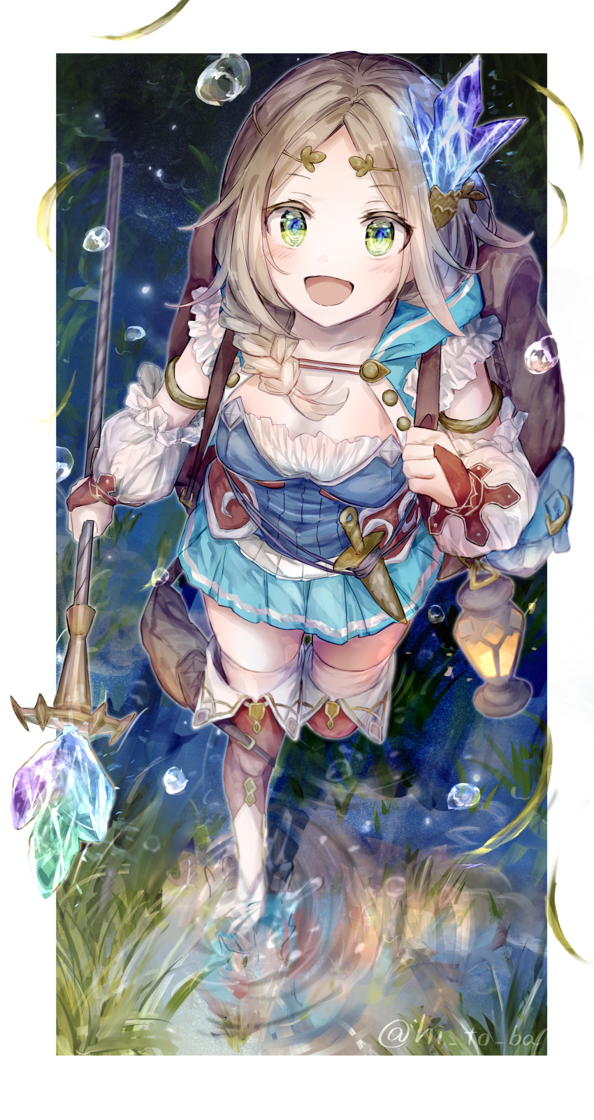 1girl :d absurdres artist_name atelier_(series) atelier_firis backpack bag blonde_hair blue_dress blurry boots border braid breasts brown_bag cleavage collarbone commentary_request dagger depth_of_field detached_sleeves dress firis_mistlud frilled_sleeves frills from_above grass green_eyes highres hitoba holding holding_staff holding_strap knife light_particles looking_at_viewer medium_breasts medium_hair open_mouth outside_border parted_bangs partially_submerged puddle sheath sheathed side_braid single_braid smile solo staff standing water water_drop weapon white_border white_sleeves