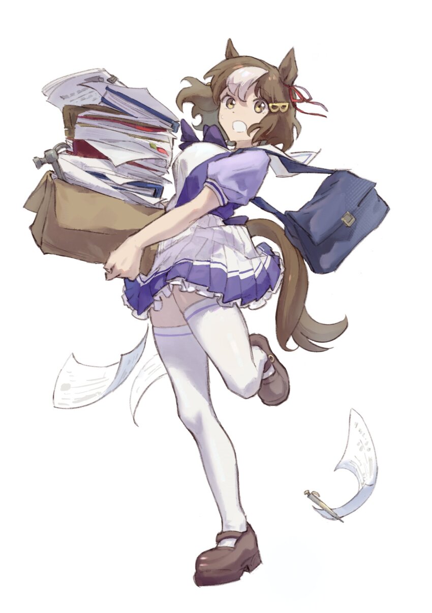 1girl animal_ears bag berno_light_(umamusume) book box breasts brown_eyes brown_footwear brown_hair cardboard_box full_body hair_ornament highres holding holding_box horse_ears horse_girl horse_tail looking_at_viewer medium_breasts multicolored_hair open_mouth paper pipi_(pierce_cn) purple_skirt school_bag school_uniform shoes short_hair short_sleeves simple_background skirt solo streaked_hair tail thighhighs tracen_school_uniform umamusume umamusume:_cinderella_gray walking white_background white_skirt white_thighhighs