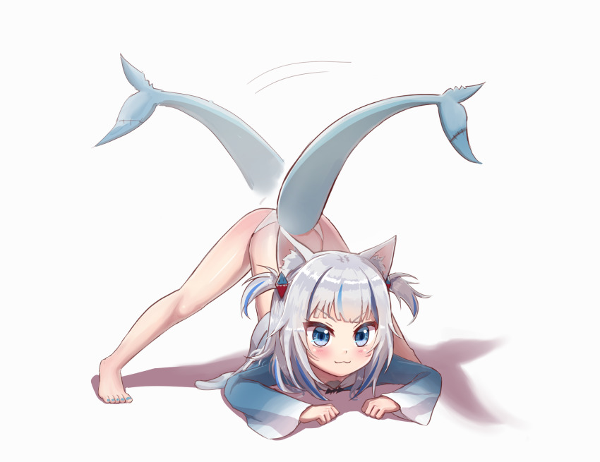 1girl :3 animal_ears ass barefoot blue_eyes blue_shirt blunt_bangs blush full_body gawr_gura grey_hair hair_ornament highres hirotaka0125 hololive hololive_english jack-o&#039;_challenge looking_at_viewer multicolored_hair nail_polish panties shark_girl shark_hair_ornament shirt smile solo tail tail_wagging top-down_bottom-up underwear virtual_youtuber white_panties