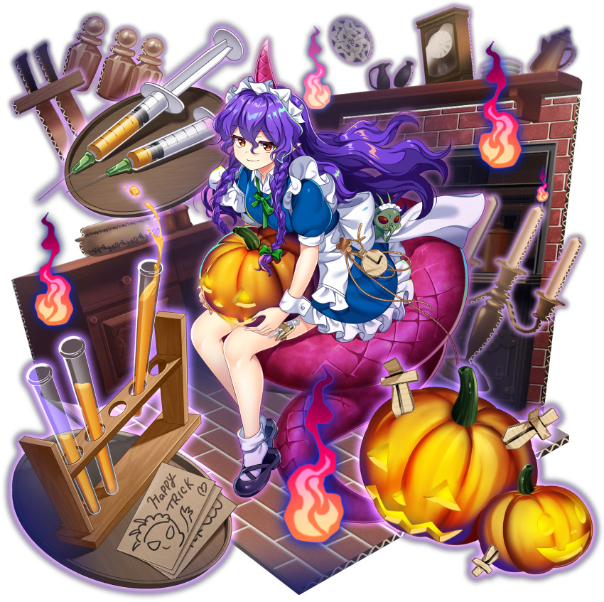 1girl alternate_costume apron back_bow blue_dress bow braid cardboard chupacabra clock closed_mouth cosplay dress english_text enmaided fire frilled_skirt frills game_cg green_bow hair_bow highres horns izayoi_sakuya izayoi_sakuya_(cosplay) jack-o&#039;-lantern knife liquid long_hair long_tail looking_at_viewer maid maid_headdress official_art pink_horns pink_tail plate pointy_ears puffy_short_sleeves puffy_sleeves pumpkin purple_hair purple_horns red_eyes rotte_(1109) shoes short_sleeves single_horn sitting sitting_on_own_tail skirt smile socks solo syringe syringe_holster tail tenkajin_chiyari test_tube_rack third-party_source touhou touhou_lostword transparent_background tupai_(touhou) twin_braids very_long_hair waist_apron white_apron white_bow white_socks wrist_cuffs