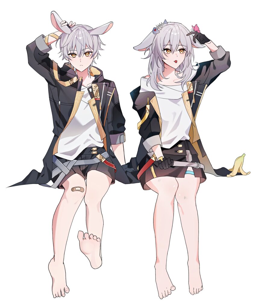 1boy 1girl aged_down animal_ears arm_ribbon arm_up banana_peel bandaid bandaid_on_knee bandaid_on_leg barefoot black_coat black_gloves black_shorts black_skirt bug butterfly caelus_(honkai:_star_rail) closed_mouth coat collarbone dual_persona fingerless_gloves fish_bone full_body gloves grey_hair hair_between_eyes highres honkai:_star_rail honkai_(series) hood hooded_coat insect kemonomimi_mode long_hair long_sleeves looking_afar looking_at_viewer off-shoulder_shirt off_shoulder open_clothes open_coat pink_butterfly poi_po12 puffy_long_sleeves puffy_sleeves rabbit_ears ribbon shirt short_hair shorts simple_background single_bare_shoulder sitting skirt stelle_(honkai:_star_rail) t-shirt thigh_strap tongue tongue_out trailblazer_(honkai:_star_rail) two-sided_coat two-sided_fabric white_background white_shirt yellow_coat yellow_eyes