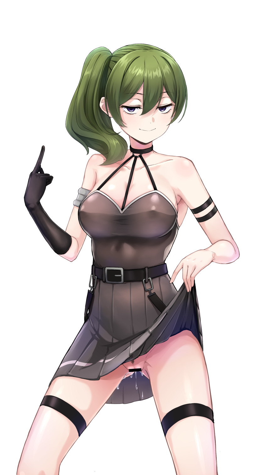 bare_shoulders black_dress black_gloves blue_eyes blush bottomless choker clothes_lift dress dripping gloves green_hair jarman looking_at_viewer middle_finger no_panties o-ring o-ring_choker pleated_skirt pubic_hair pussy_juice side_ponytail simple_background single_glove skirt skirt_lift smile smug sousou_no_frieren ubel_(sousou_no_frieren)