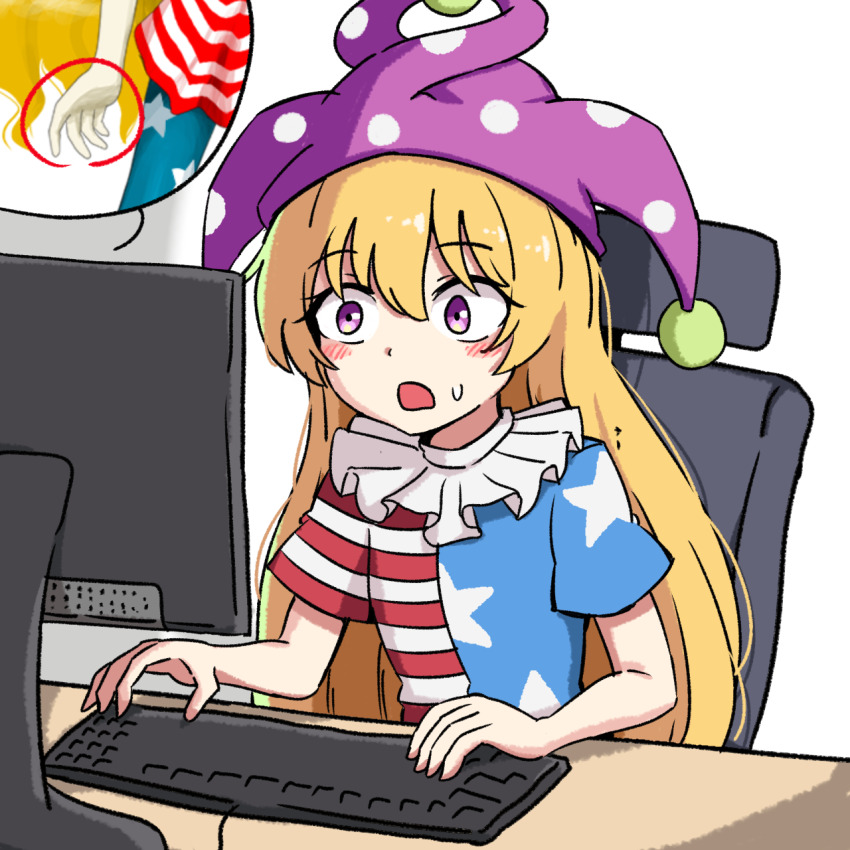 1girl american_flag_dress at_computer bad_anatomy bad_hands blonde_hair clownpiece ehehe52921343 hat highres jester_cap long_hair looking_at_screen purple_eyes red_circle simple_background surprised touhou upper_body very_long_hair zun_(artist)