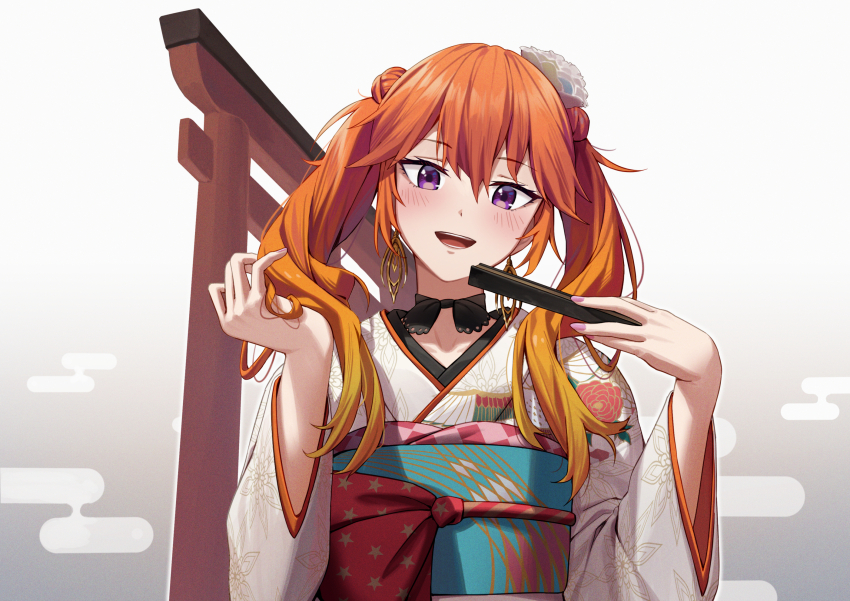 1girl double_bun earrings egasumi flower folding_fan gold_earrings hair_bun hair_flower hair_ornament hand_fan highres holding holding_fan hololive hololive_english japanese_clothes jewelry kimono looking_at_viewer neck_ribbon obi official_alternate_costume open_mouth orange_hair purple_eyes resu_desu ribbon sash solo takanashi_kiara takanashi_kiara_(new_year) torii twintails virtual_youtuber white_kimono wide_sleeves