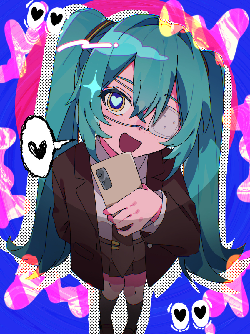 1girl absurdres aqua_hair black_footwear black_jacket black_necktie black_skirt black_socks blue_eyes cellphone collared_shirt commentary_request double-parted_bangs eyepatch freckles hair_between_eyes hair_intakes hatsune_miku heart heart-shaped_pupils highres holding holding_phone jacket kneehighs long_hair long_sleeves looking_at_viewer medical_eyepatch monitoring_(vocaloid) necktie open_clothes open_jacket open_mouth phone pleated_skirt shirt shirt_tucked_in skirt smartphone smile socks solo speech_bubble spoken_heart symbol-shaped_pupils tie_clip tkm_928 twintails very_long_hair vocaloid white_shirt