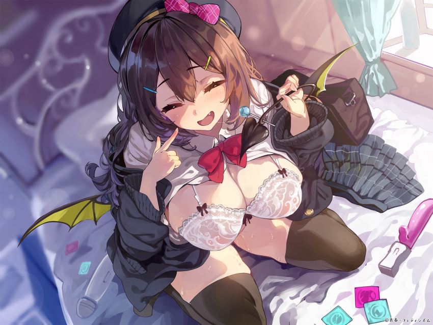 1girl aoharu_x_fetishism bag bed bed_sheet beret black_cardigan black_hat black_skirt black_thighhighs blurry blurry_background bra breasts brown_eyes brown_hair cardigan cleavage clothes_lift condom condom_wrapper curtains hair_between_eyes hat hat_ribbon highres hitachi_magic_wand large_breasts long_sleeves non-web_source pillow pleated_skirt ribbon school_bag school_uniform sex_toy shiokonbu shirt shirt_lift sitting skirt solo tail thighhighs thighs underwear vibrator wariza white_shirt window wings