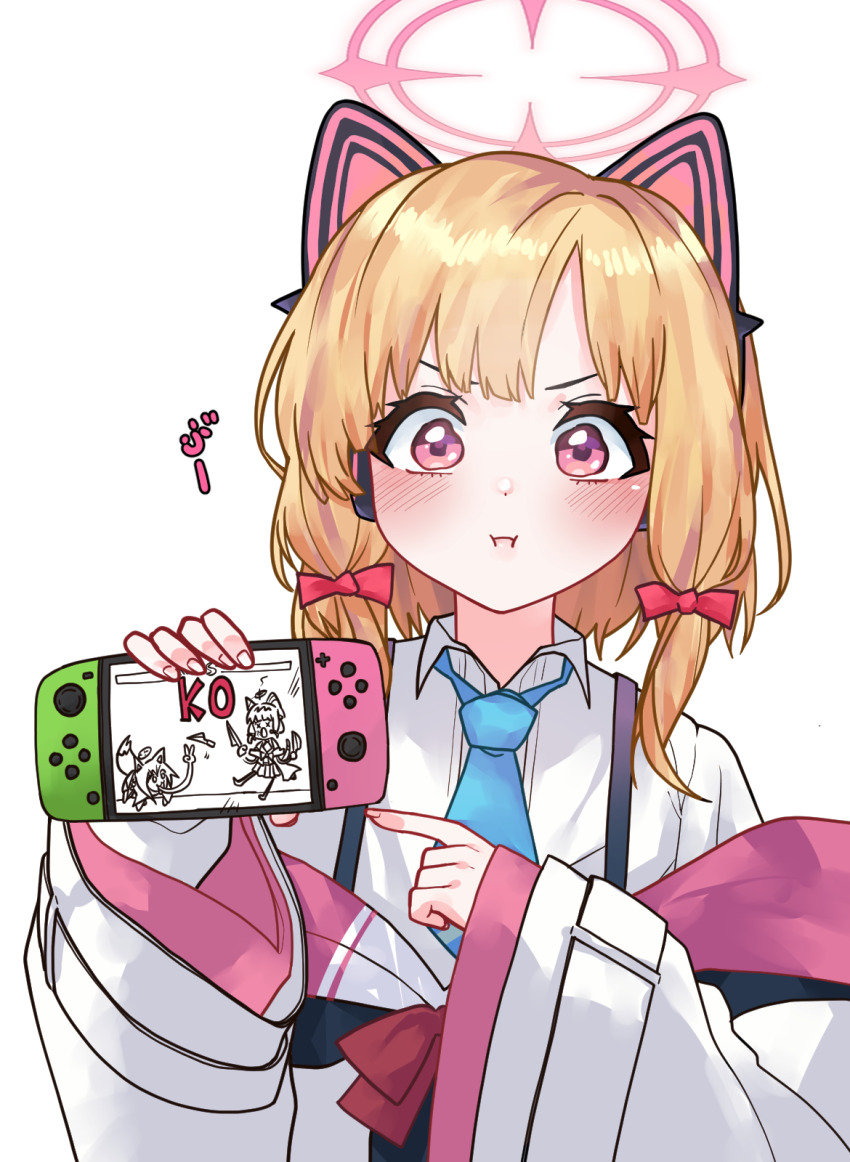 1girl animal_ear_headphones animal_ears blonde_hair blue_archive blue_necktie blush bow bowtie cat_ear_headphones death_momoi_(meme) fake_animal_ears furrowed_brow hair_bow halo handheld_game_console headphones highres hood hoodie looking_at_viewer meme momoi_(blue_archive) multiple_hair_bows necktie oddman1234 pink_eyes pink_halo pink_hoodie pointing_at_hand pout red_bow red_bowtie shirt solo straight-on sunken_colony_izuna_(meme) tearing_up v-shaped_eyebrows white_background white_shirt