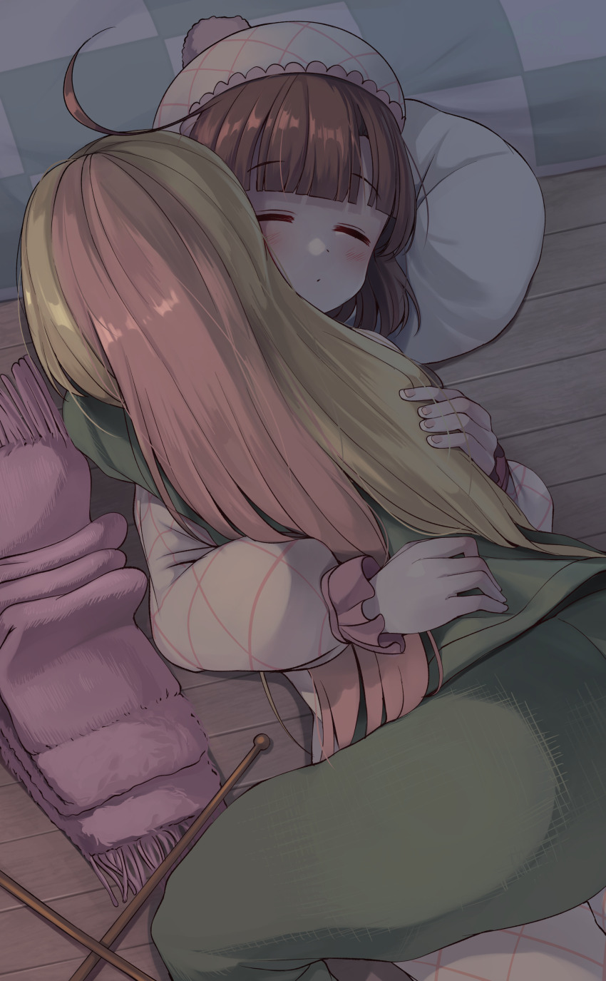 2girls absurdres blonde_hair blush brown_hair closed_eyes closed_mouth commentary_request cuddling green_pants green_shirt hat highres hug knitting_needle long_hair multiple_girls needle on_floor original pants pink_hair pink_scarf pink_shirt scarf shirt wanashi_tam white_hat yuri