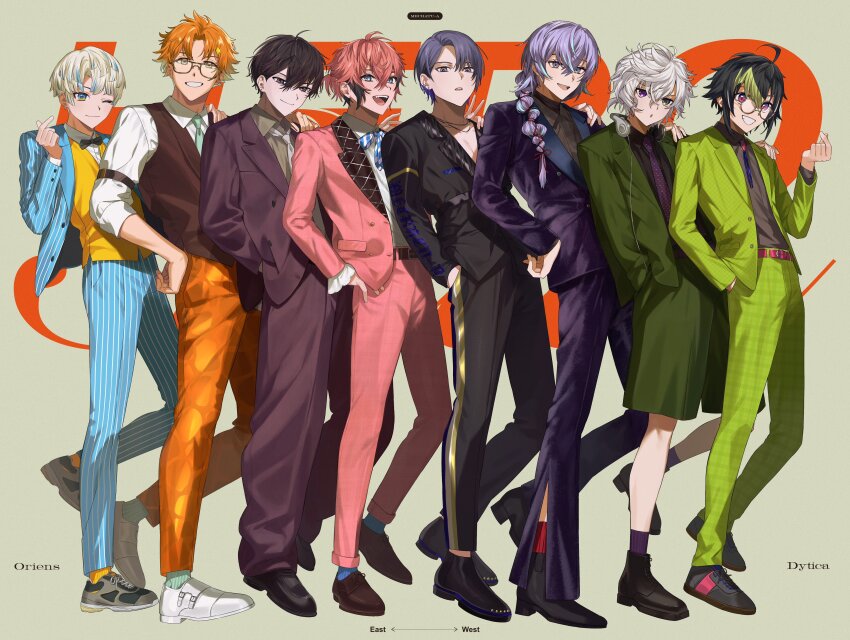 6+boys :d :o ;3 absurdres ahoge akagi_wen antenna_hair aqua_eyes aqua_hair aqua_necktie aqua_socks belt belt_buckle black_bow black_bowtie black_footwear black_hair black_jacket black_pants black_shirt blonde_hair blue_bow blue_bowtie blue_eyes blue_hair blue_jacket blue_pants blue_ribbon blue_socks bow bowtie braid brown-framed_eyewear brown_belt brown_footwear brown_shirt brown_vest buckle buttons cable clenched_hand closed_mouth collared_shirt colored_inner_hair commentary_request crossed_bangs dytica_(nijisanji) ear_piercing earrings frilled_sleeves frills glasses gradient_hair green_background green_eyes green_hair green_jacket green_pants green_shorts grey_eyes grey_footwear grey_shirt grin hair_between_eyes hair_ornament hair_over_shoulder hair_ribbon hand_in_pocket hand_on_another&#039;s_shoulder hand_on_own_hip hand_up hands_up headphones headphones_around_neck heterochromia hibachi_mana highres hoshirube_sho inami_rai jacket jewelry koyanagi_rou lapels leg_up lightning_bolt lightning_bolt_hair_ornament lightning_bolt_symbol long_hair long_sleeves looking_at_viewer male_focus multicolored_eyes multicolored_hair multiple_boys murakumo_kagetsu neck_ribbon necklace necktie nijisanji one_eye_closed open_clothes open_jacket open_mouth orange_eyes orange_hair orange_pants oriens_(nijisanji) pants piercing pink_belt pink_eyes pink_hair pink_jacket pink_pants pinstripe_jacket pinstripe_pants pinstripe_pattern plaid_clothes plaid_pants plaid_shirt polka_dot_necktie purple_belt purple_eyes purple_hair purple_jacket purple_necktie purple_pants purple_socks red_ribbon red_socks ribbon round_eyewear saiki_ittetsu sharp_teeth shirt shirt_tucked_in shoes short_hair shorts simple_background single_braid sleeves_rolled_up smile smirk sneakers socks standing streaked_hair striped_bow striped_bowtie striped_clothes striped_jacket striped_pants stud_earrings teeth upper_teeth_only usami_rito vertical-striped_clothes vertical-striped_jacket vertical-striped_pants vest virtual_youtuber white_bow white_bowtie white_footwear white_hair white_necktie white_shirt wing_collar yellow-framed_eyewear yellow_eyes yellow_socks yellow_vest zmzm_hiji