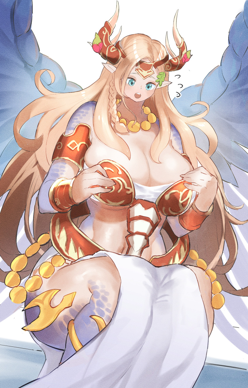 1girl bare_shoulders blonde_hair blue_eyes blush breasts commission dougaku_(passionpit777) dragon_girl dragon_horns dragon_wings dress duel_monster embarrassed feathered_wings hair_ornament hands_on_own_chest highres horns huge_breasts jewelry leaf leaf_on_head navel necklace pelvic_curtain saffira_dragon_queen_of_the_voiceless_voice simple_background sitting solo teeth upper_teeth_only white_background wings wrist_cuffs yu-gi-oh!