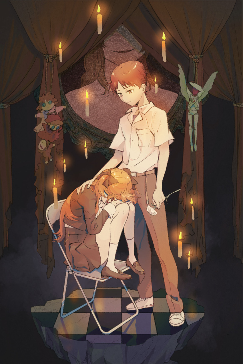 1boy 1girl absurdres belt bow brown_eyes brown_hair calf_socks candle carnation chair curtains doll flower folding_chair hair_bow hand_on_another&#039;s_shoulder hands_on_own_face highres holding holding_flower ikari_shinji knees_to_chest loafers long_hair long_sleeves looking_at_another marionette naimaze_atakamo neon_genesis_evangelion open_mouth orange_hair pants pleated_skirt popped_collar portrait_(object) puppet screaming shoes short_hair short_sleeves sitting skirt sleeve_cuffs sneakers souryuu_asuka_langley tile_floor tiles twintails