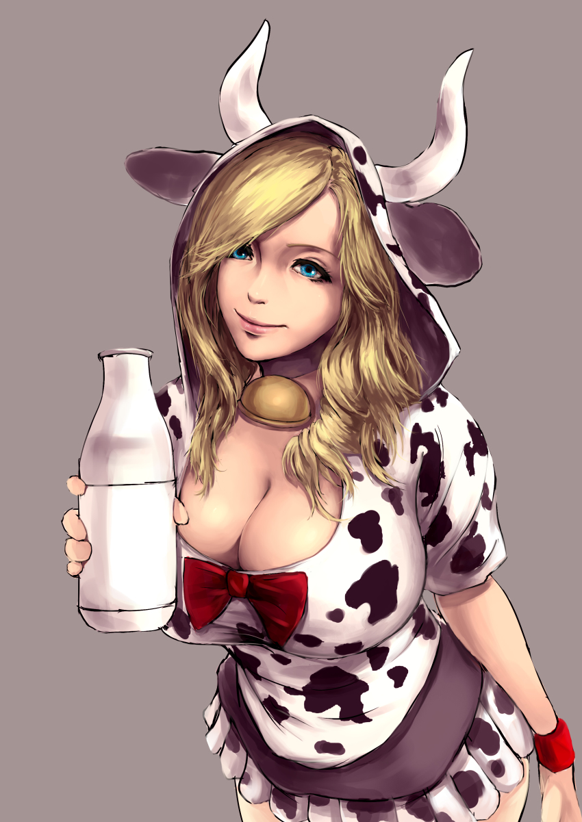 1girl absurdres animal_ears animal_hood animal_print bell blonde_hair blue_eyes bottle breasts cleavage cow_ears cow_print fake_animal_ears female_focus highres hood horns huge_breasts leaning_forward lips long_hair milk oinari_risuru ribbon skirt smile solo