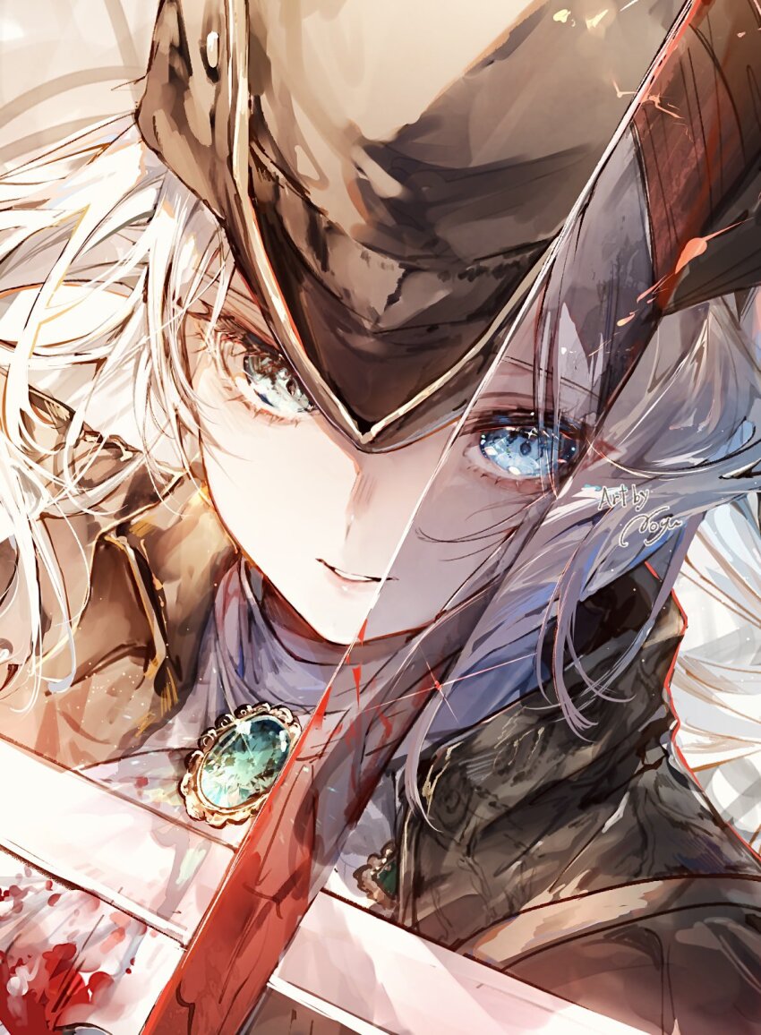 1girl ascot blood blood_on_clothes blood_stain bloodborne bloody_weapon blue_eyes collared_jacket commentary_request double-blade from_above gem green_brooch hat hat_feather highres jacket lady_maria_of_the_astral_clocktower long_hair looking_at_viewer noyu_(noyu23386566) parted_lips rakuyo_(bloodborne) reflection signature solo_focus tricorne weapon white_ascot white_hair