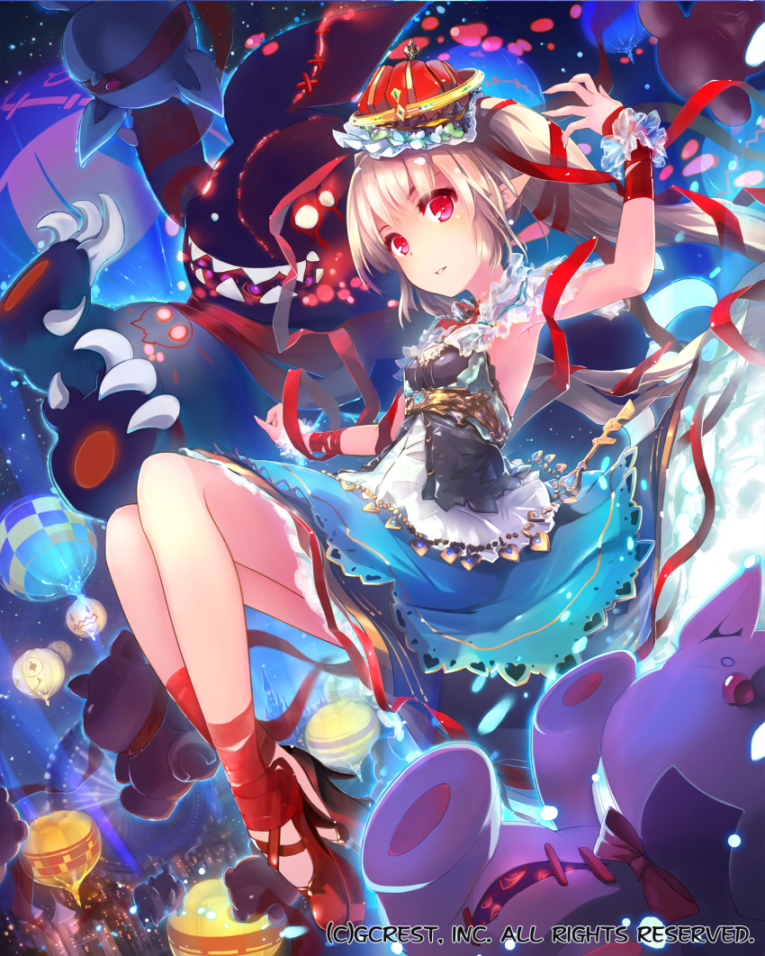 1girl arm_up brown_hair crown dragon&#039;s_shadow dress female_focus hat highres leg_ribbon legs long_hair official_art original pointy_ears red_eyes ribbon solo virus_(obsession) wrist_ribbon