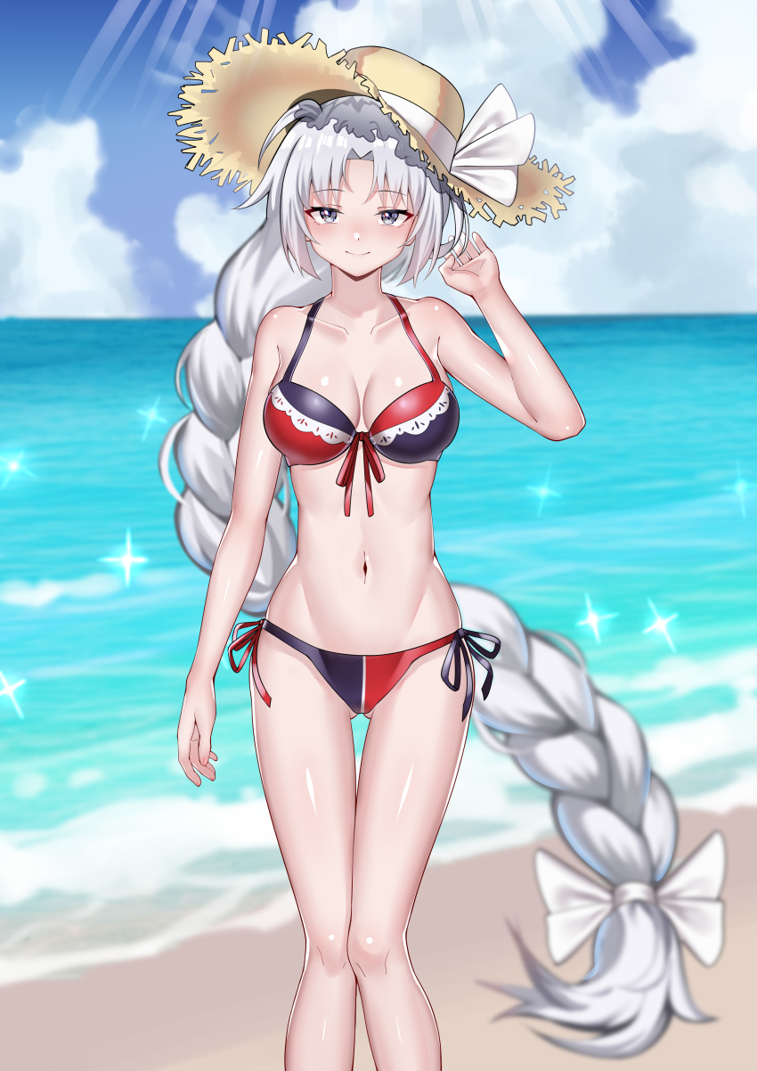 absurdly_long_hair absurdres ailu_elf beach bikini braid breasts hat highres long_hair looking_at_viewer medium_breasts ocean solo straw_hat swimsuit touhou very_long_hair white_hair yagokoro_eirin