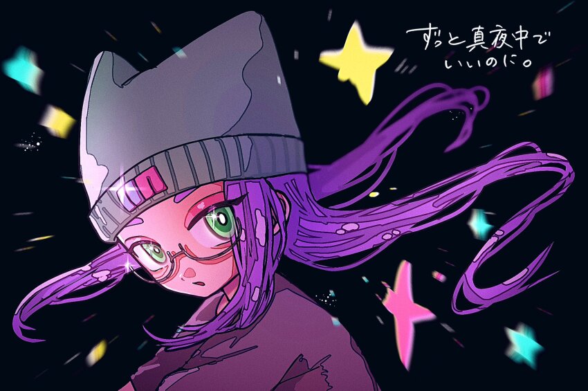 1girl :o animal_ear_headwear black_background copyright_name fake_animal_ears floating_hair glasses green_eyes grey_hat hat highres looking_at_viewer neo_(neo_hazet) nira-chan nira-chan_(uso_janai)_(zutomayo) open_mouth purple_hair purple_shirt shirt sidelocks uso_janai_(zutomayo) zutto_mayonaka_de_ii_no_ni