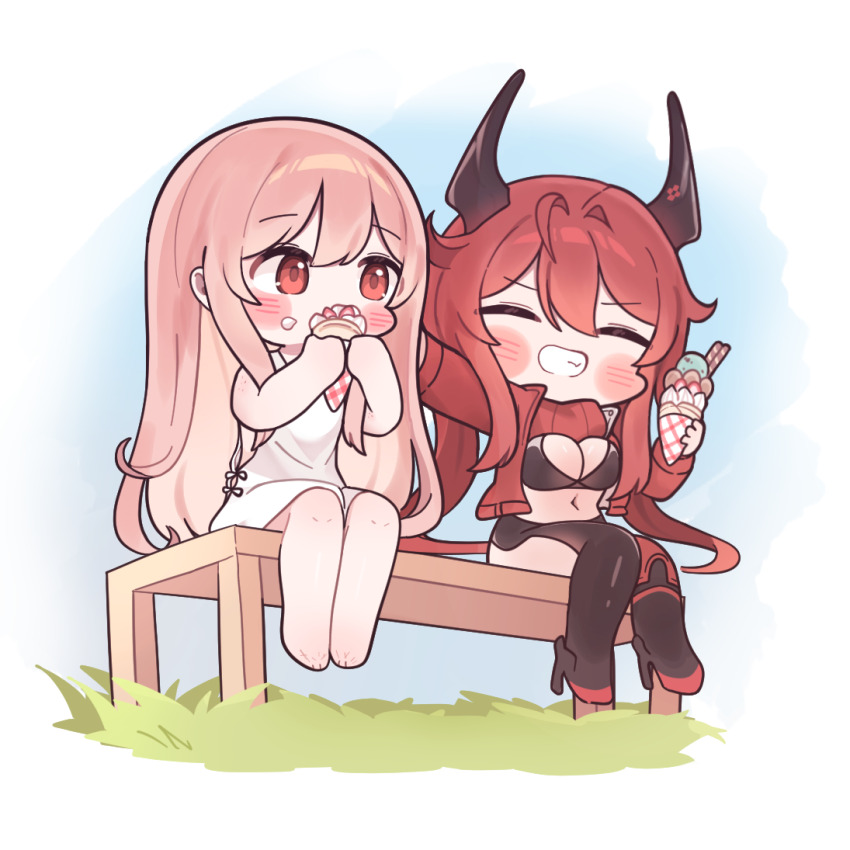 2girls barefoot bench black_boots black_bra black_horns blush boots border bra breasts brown_hair chibi clenched_teeth closed_eyes commentary_request double-parted_bangs eating food goddess_of_victory:_nikke grass hair_between_eyes high_heel_boots high_heels holding holding_ice_cream_cone horns ice_cream ice_cream_cone jacket large_breasts legwear_cutout long_bangs long_hair midriff mming_(mmingis18) multiple_girls outdoors raised_eyebrows rapi_(nikke) rapi_(young)_(nikke) red_eyes red_hair red_hood red_hood_(nikke) red_jacket red_scarf red_trim scarf single_hair_intake sitting smile teacher_and_student teeth underwear v-shaped_eyebrows very_long_hair white_border white_gown