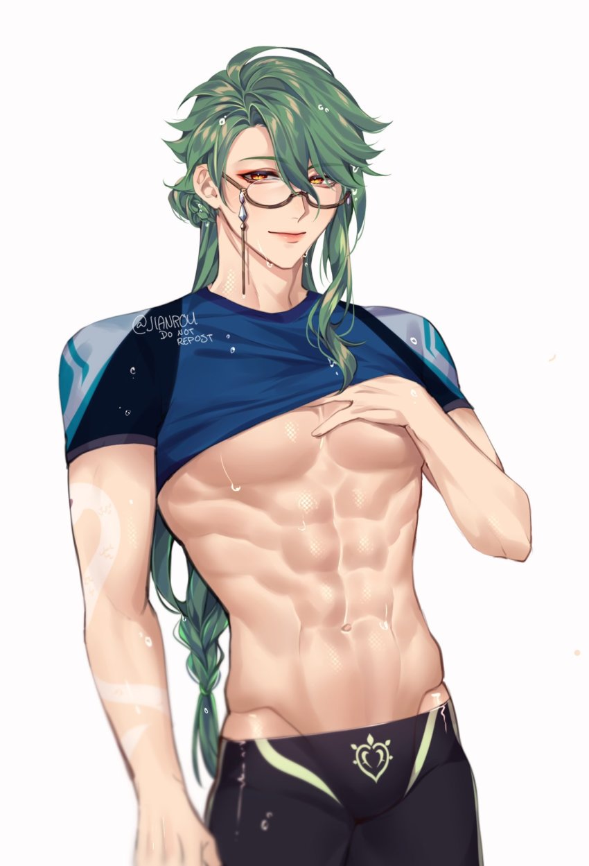 1boy abs baizhu_(genshin_impact) black_jammers black_male_swimwear clothes_lift genshin_impact green_hair highres jammers lifting_own_clothes long_hair male_focus male_swimwear muscular muscular_male navel pants rourouki shirt_lift simple_background swimsuit wet white_background yellow_eyes