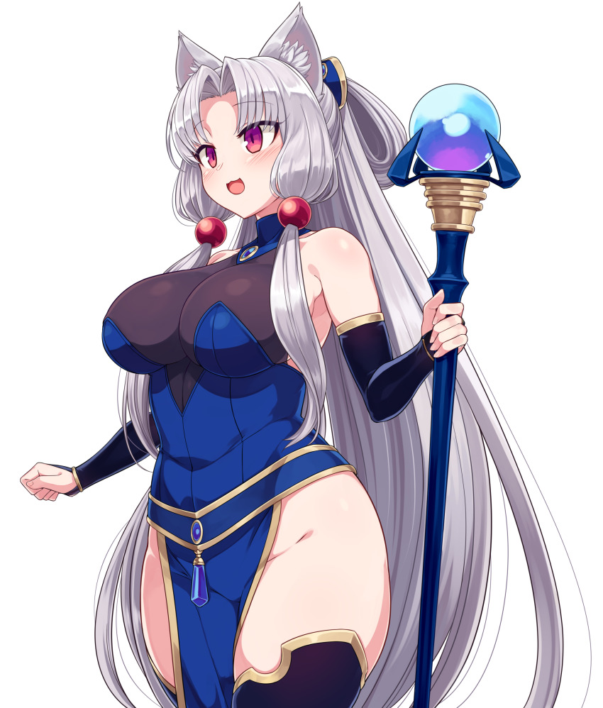 1girl :3 absurdres animal_ear_fluff animal_ears bare_shoulders black_gloves blush breasts bridal_gauntlets covered_navel cowboy_shot curvy dress elbow_gloves fingerless_gloves fox_ears gloves highres impossible_clothes large_breasts long_hair mage_staff no_panties null_(nyanpyoun) parted_bangs pelvic_curtain purple_eyes side_slit silver_hair sleeveless sleeveless_dress smile solo staff thick_thighs thighhighs thighs touhoku_itako transparent_background utau very_long_hair voiceroid