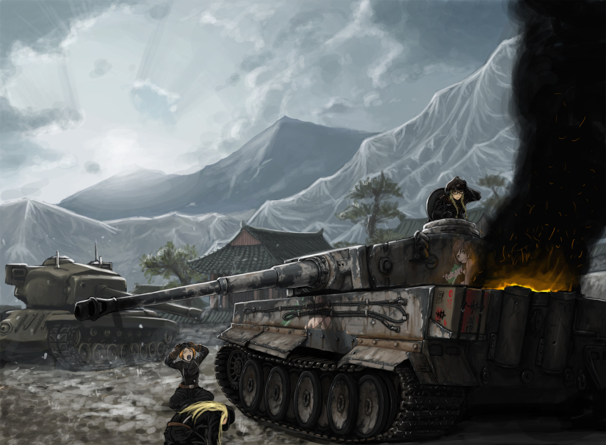 10s 4girls akiyama_yukari blonde_hair braid brown_hair caterpillar_tracks cloud fire food girls_und_panzer highres kimbbq long_hair military military_uniform military_vehicle motor_vehicle mountain multiple_girls noodles open_mouth outdoors prostration ramen short_hair sky smoke t29_heavy_tank tank tiger_i tree twin_braids vehicle world_of_tanks