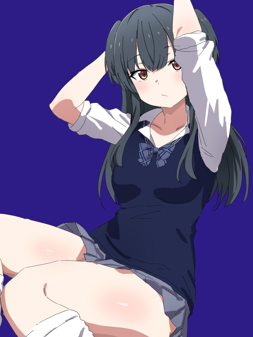 1girl :/ arms_up black_hair blue_background blue_bow blue_sweater_vest blush body_blush borrowed_clothes bow breasts brown_eyes closed_mouth collarbone collared_shirt dot_nose double-parted_bangs feet_out_of_frame grey_skirt hair_over_shoulder head_tilt highres idolmaster idolmaster_shiny_colors izumi_mei leg_warmers long_hair looking_at_viewer mayuzumi_fuyuko medium_breasts miniskirt misaki_nonaka open_collar plaid_bow pleated_skirt raised_eyebrows shirt simple_background sitting skirt sleeves_rolled_up solo sweater_vest thighs two_side_up white_leg_warmers white_shirt