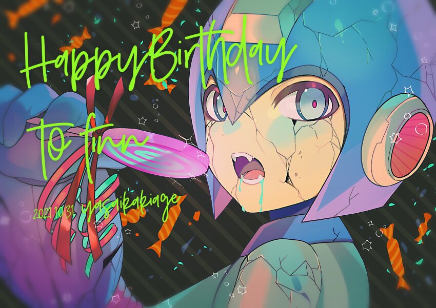 1boy absurdres blue_helmet candy cracked_helmet cracked_skin fangs food grey_eyes happy_birthday helmet highres holding holding_candy holding_food lollipop looking_at_viewer male_focus mega_man_(character) mega_man_(classic) mega_man_(series) monsterification open_mouth ribbon saliva solo striped_background swirl_lollipop wrapped_candy yasaikakiage