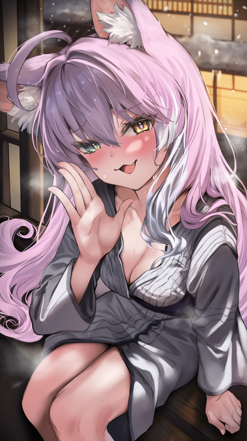 1girl absurdres ahoge animal_ear_fluff animal_ears bath_yukata blue_eyes blush breasts cleavage fang fox_ears grey_kimono hair_between_eyes heterochromia highres japanese_clothes kimono large_breasts long_sleeves looking_at_viewer myudi_ariel naked_kimono open_clothes open_kimono pink_hair sitting smile snowing solo stellive striped_clothes striped_kimono tenko_shibuki vertical-striped_clothes vertical-striped_kimono virtual_youtuber yellow_eyes yukata