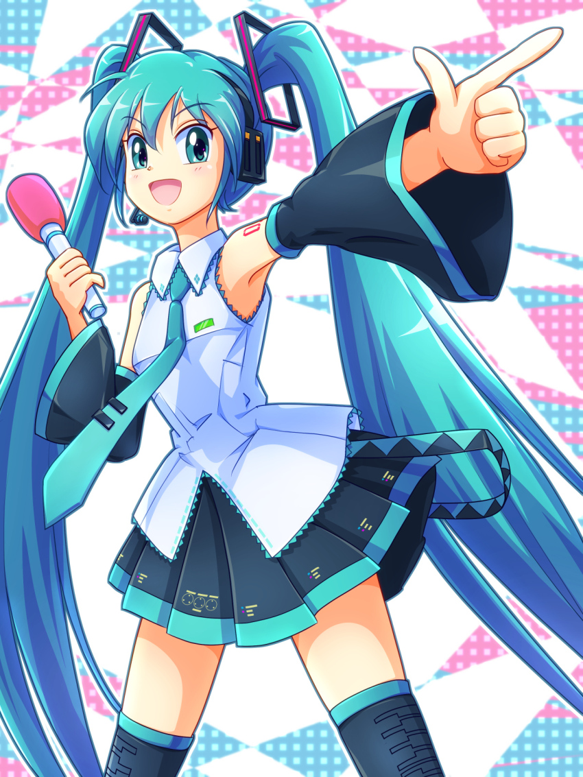 1girl aqua_eyes aqua_hair bare_shoulders black_sleeves detached_sleeves hair_ornament hatsune_miku headset highres holding holding_microphone long_hair looking_at_viewer microphone mimimix necktie pleated_skirt pointing skirt solo thighhighs twintails very_long_hair vocaloid