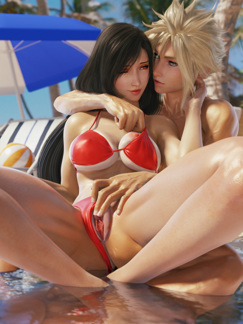 1boy 1girl 3d absurdres alternate_costume ball bare_arms bare_legs bare_shoulders beach beach_chair beach_umbrella beachball bikini bikini_bottom_aside black_hair blonde_hair blue_eyes blue_sky blurry blurry_background breasts cleavage clitoris clothing_aside cloud_strife couple final_fantasy final_fantasy_vii final_fantasy_vii_remake groping hand_on_another&#039;s_face hetero highres large_breasts long_hair looking_at_another nipples one_eye_closed outdoors palm_tree parted_lips pussy red_bikini red_eyes red_lips ria-neearts sitting sitting_on_lap sitting_on_person sky spiked_hair square_enix string_bikini swept_bangs swimsuit tan tanline tifa_lockhart tree umbrella water