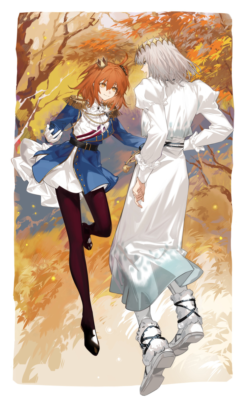 1boy 1girl absurdres ahoge aiguillette arlizi arm_at_side autumn autumn_leaves belt black_belt black_brooch black_footwear black_pantyhose black_scrunchie blue_eyes blue_jacket boots bow bowtie caterpillar closed_mouth crown dress epaulettes eye_contact fate/grand_order fate_(series) forest fujimaru_ritsuka_(female) fujimaru_ritsuka_(female)_(halloween_royalty) full_body fur-trimmed_boots fur_trim gloves gold_trim grass grey_hair hair_between_eyes highres jacket juliet_sleeves leg_up long_sleeves looking_at_another medium_hair mini_crown nature oberon_(fate) one_side_up open_mouth orange_eyes orange_hair outdoors pantyhose puffy_sleeves revision scrunchie shoes sleeve_cuffs smile sweatdrop tassel tree white_bow white_bowtie white_dress white_footwear white_gloves