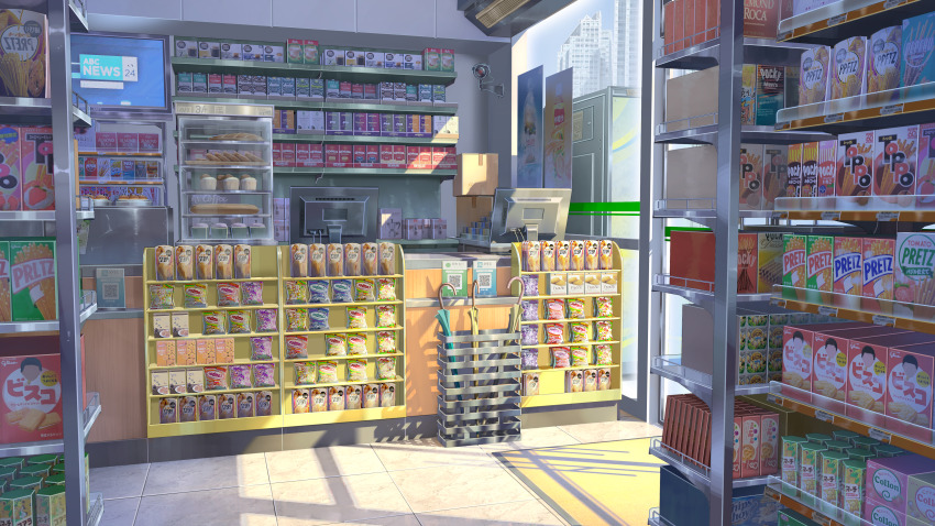 absurdres box bread cardboard_box chips_ahoy! convenience_store day food food_packaging highres indoors koala_no_march monitor nescafe no_humans original pocky pretz qr_code scenery security_camera shelf shop sunlight umbrella umbrella_stand xiaoke