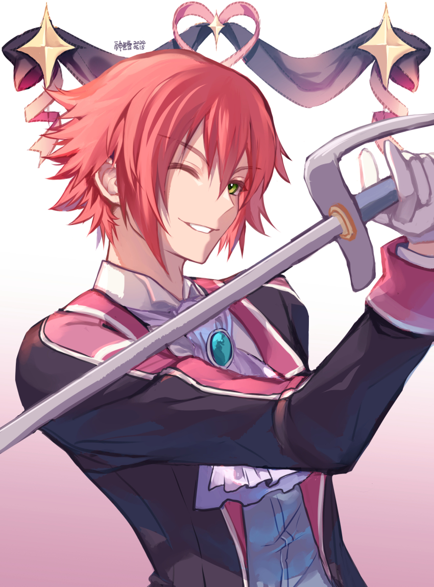 1boy brooch double-parted_bangs eiyuu_densetsu gloves gradient_background green_eyes hair_between_eyes heart_ribbon highres holding holding_sword holding_weapon jewelry lechter_arundel one_eye_closed pink_background rapier red_hair ribbon sen_no_kiseki_(series) sen_no_kiseki_i short_hair smile solo star_(symbol) sword weapon white_gloves willfin