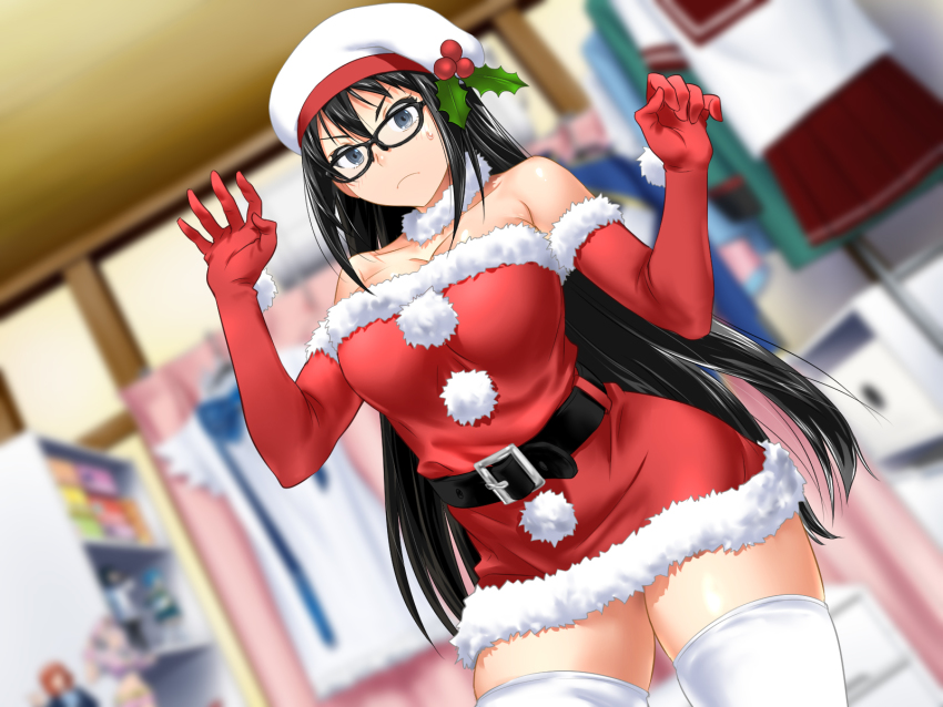 1girl :c aniya-san_change! bare_shoulders black-framed_eyewear black_hair blue_eyes blurry blurry_background blush breasts buckle christmas christmas_dress cleavage closed_mouth clownculture dress elbow_gloves female_focus figure fur_collar fur_trim glasses gloves groin hair_between_eyes hands_up hat highres indoors kyouko_aniya_(aniya-san_change!) large_breasts legs long_hair looking_at_viewer original otaku_room santa_costume school_uniform solo standing strapless strapless_dress sweatdrop thighhighs thighs zettai_ryouiki