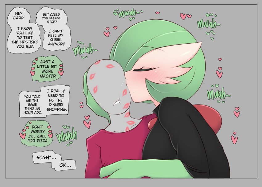 1boy 1girl assertive_female black_shirt blush breasts closed_eyes colored_skin creatures_(company) english_text faceless faceless_male game_freak gardevoir gen_3_pokemon green_hair grey_background grey_skin grin hand_on_another&#039;s_head happy heart hetero highres kiss kissing_cheek lipstick lipstick_mark makeup medium_breasts nintendo no_eyes pokemon pokemon_(creature) pokephilia red_shirt saltyxodium shirt size_difference smile sound_effects tall_female teeth upper_body white_skin