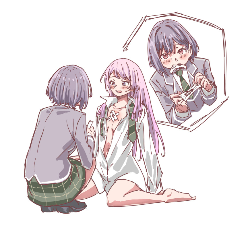 2girls anjuro_zeeku bandaid_on_chest bang_dream! bang_dream!_it&#039;s_mygo!!!!! barefoot black_footwear blush breasts brown_eyes chihaya_anon collared_shirt commentary diagonal-striped_clothes diagonal-striped_necktie dress_shirt green_necktie green_skirt grey_eyes grey_hair grey_jacket haneoka_school_uniform highres jacket loafers long_hair lower_teeth_only mouth_hold multiple_girls navel necktie open_mouth partially_unbuttoned pink_hair romaji_commentary school_uniform shirt shoes short_hair skirt small_breasts squatting striped_clothes sweatdrop takamatsu_tomori teeth undone_necktie white_shirt