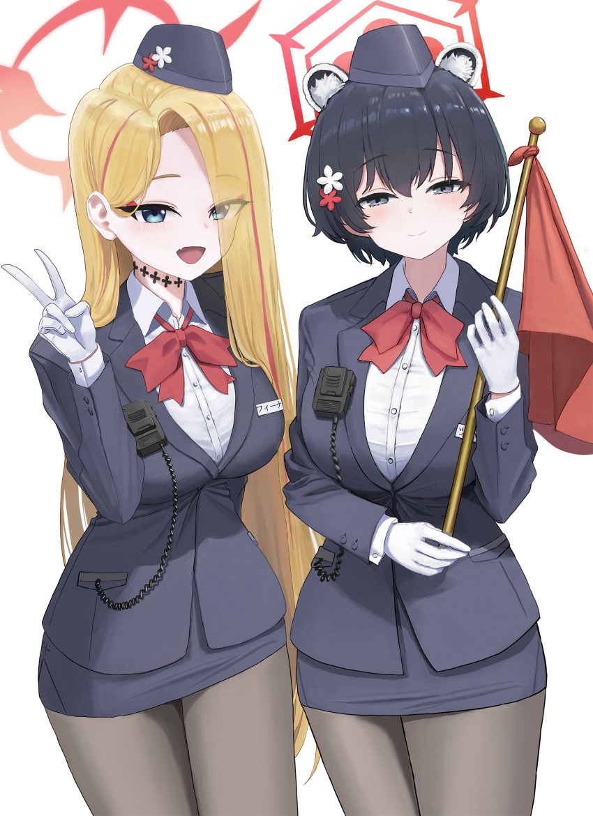 2girls absurdres black_hair black_hat blonde_hair blue_archive blue_eyes bow bowtie breasts gloves halo hat highres large_breasts long_hair long_sleeves mikka_(537125) multiple_girls pantyhose pina_(guide)_(blue_archive) shirt short_hair skirt smile tour_guide tsubaki_(guide)_(blue_archive) white_gloves white_shirt