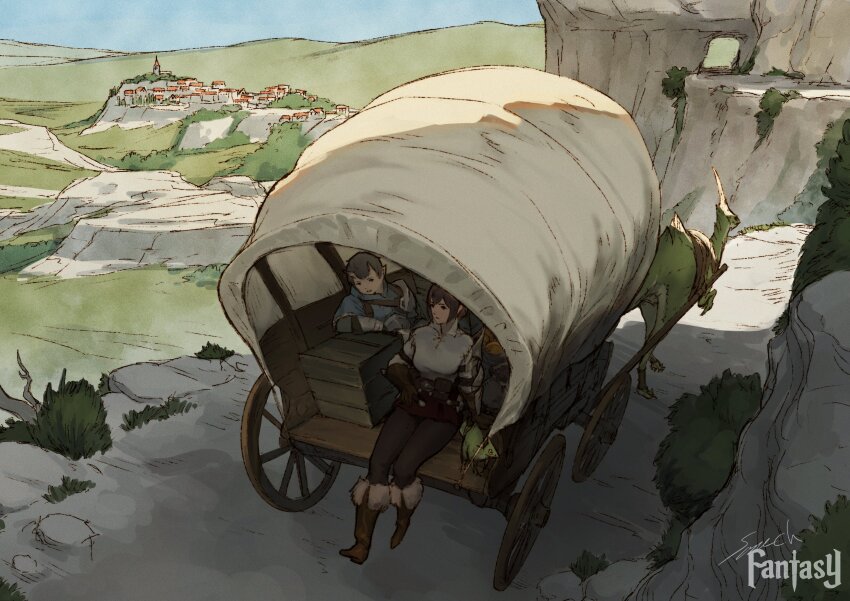 1boy 1girl absurdres armor black_hair black_pants blue_sky boots cave covered_wagon crate day dinosaur fantasy fur-trimmed_boots fur_trim gloves highres horns landscape original outdoors pants pauldrons road scenery shirt shoulder_armor signature single_pauldron sitting sky sonech village wagon wheel