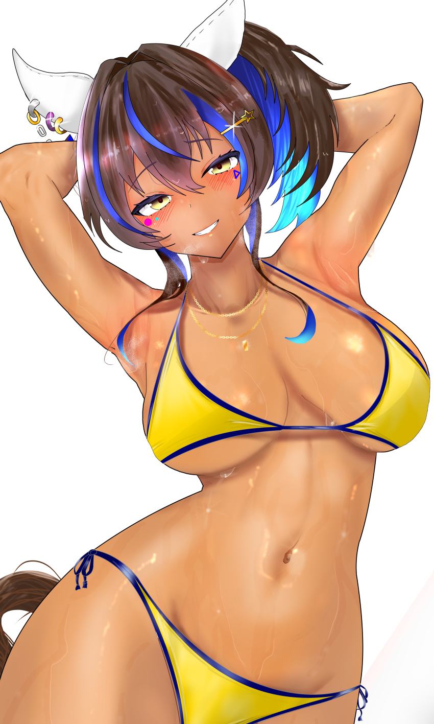 1girl absurdres alternate_costume animal_ears armpits arms_up bikini blue_hair blush breasts brown_hair cleavage colored_inner_hair commentary_request cowboy_shot daitaku_helios_(umamusume) ear_covers ear_piercing facial_tattoo grin hair_between_eyes hair_ornament highres horse_ears horse_girl horse_tail jewelry large_breasts medium_hair midori_(user_uctn2277) multicolored_hair navel necklace piercing side-tie_bikini_bottom side_ponytail sidelocks smile solo stomach streaked_hair sweat sweatdrop swimsuit tail tan tattoo umamusume very_sweaty yellow_bikini yellow_eyes