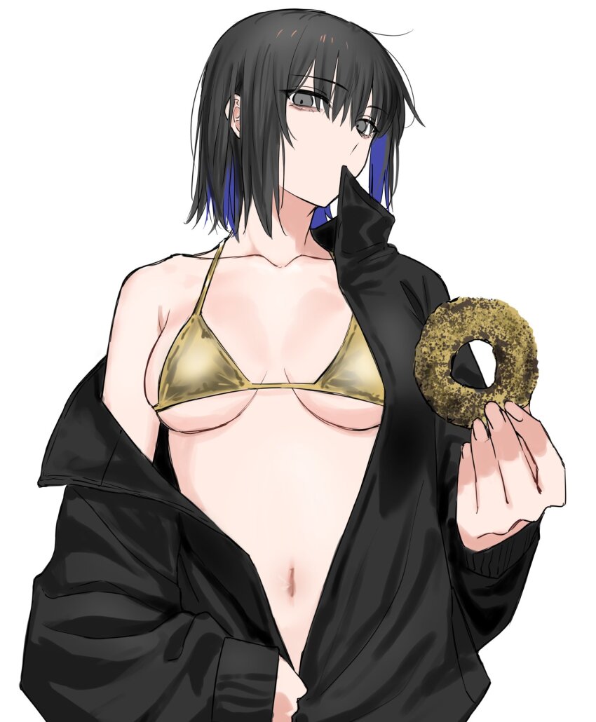 1girl armpit_crease bikini biting biting_clothes black_eyes black_hair black_jacket blue_hair breasts collarbone doughnut egomeshi food gold_bikini highres holding holding_doughnut holding_food jacket jacket_over_swimsuit jacket_partially_removed long_sleeves looking_at_viewer medium_breasts multicolored_hair navel original short_hair solo streaked_hair swimsuit white_background