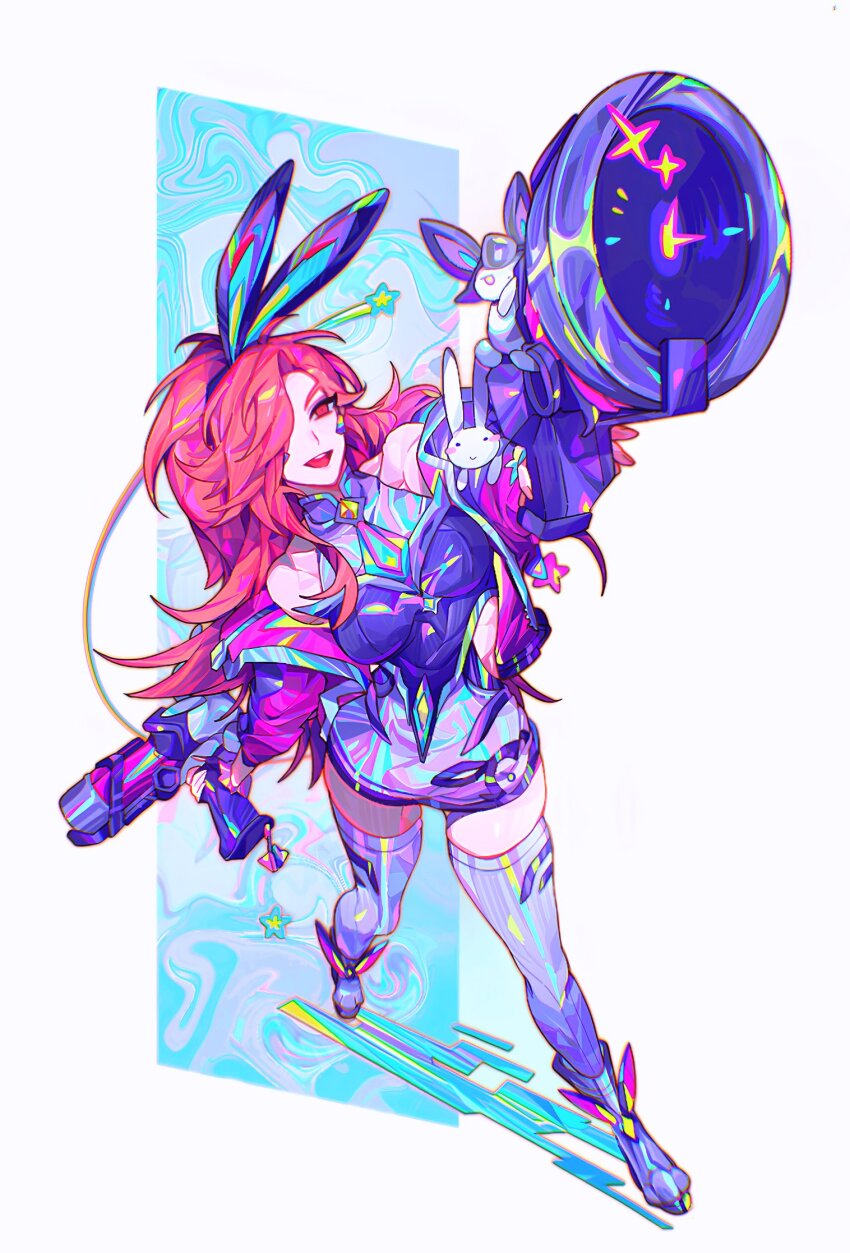 1girl animal_ears bare_shoulders battle_bunny_miss_fortune boots dress energy_gun fake_animal_ears foreshortening highres league_of_legends long_hair miss_fortune_(league_of_legends) ponytail rabbit_ears red_eyes red_hair rocket_launcher sigeumchimuchim sleeveless thighhighs tight_clothes tight_dress weapon