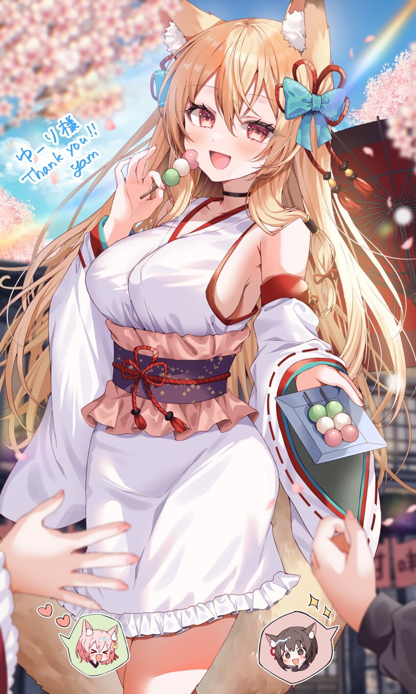 &gt;_&lt; 3girls absurdres animal_ear_fluff animal_ears artist_name blonde_hair blue_sky blush breasts brown_eyes brown_hair cherry_blossoms commentary_request commission commissioner_name dango detached_sleeves food fox_ears fox_tail hair_between_eyes hair_ornament highres holding holding_plate holding_skewer japanese_clothes kimono large_breasts long_hair long_sleeves looking_at_viewer multiple_girls obi oil-paper_umbrella open_mouth orange_eyes original outdoors pink_hair plate sanshoku_dango sash sideboob skeb_commission skewer sky sleeveless sleeveless_kimono solo_focus tail thank_you umbrella wagashi white_kimono wide_sleeves yam_(yamap_mako)